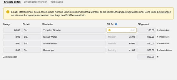 Lohngruppenpreis in der Nachkalkulation